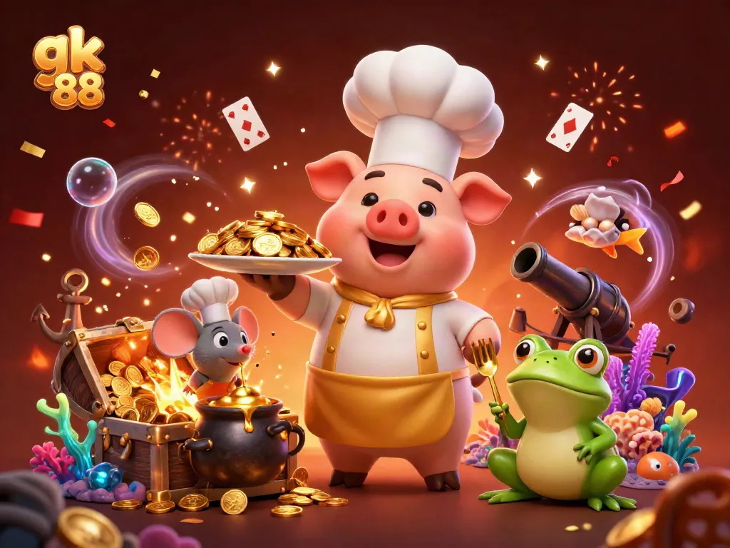 Experience winning thrills at gk 88 with vibrant 3D casino elements and cartoon characters celebrating wealth.