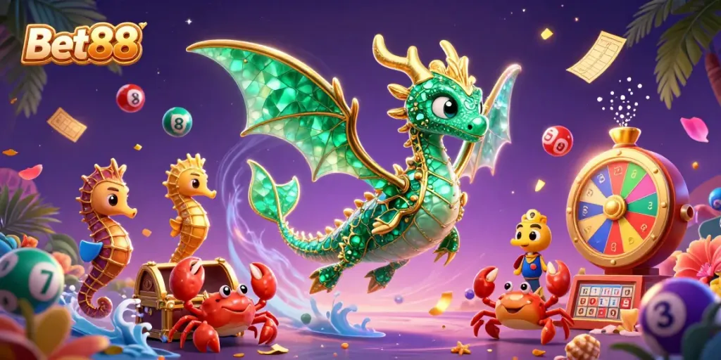 Bet88 offers an exciting gaming experience with fantasy elements including a dragon, colorful lottery balls, and vibrant prizes.