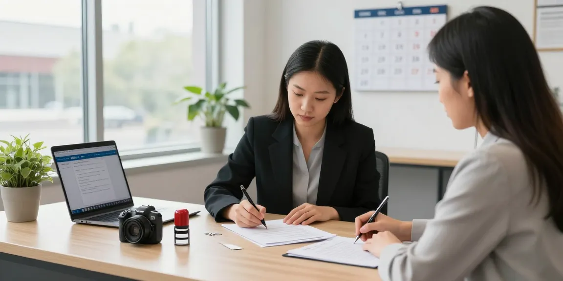 Brampton notary public helping clients with document signing in a bright office setting.