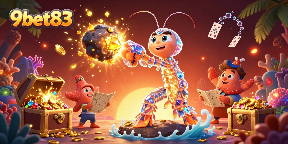 9bet83 players engaging in vibrant underwater casino scene with explosive treasures and card elements.