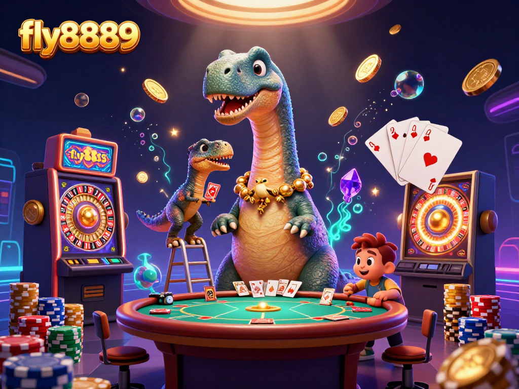 Experience exciting gameplay at fly8889 with a charming brontosaurus overseeing card games and dazzling casino elements.
