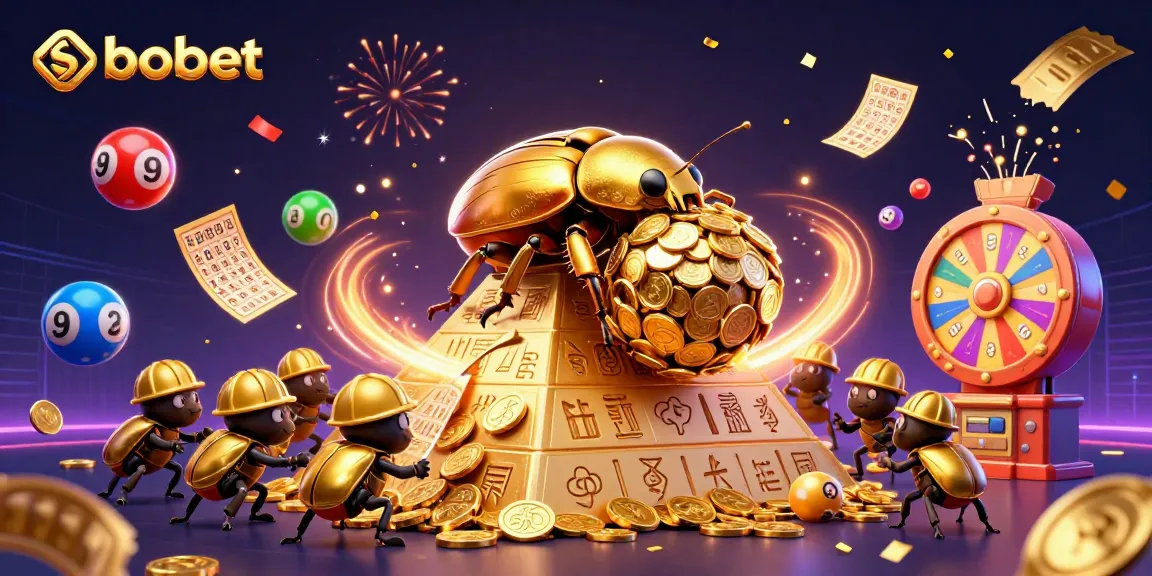 Sbobet proves thrilling with a 3D depiction of a golden beetle rolling coins, symbolizing winning potential.