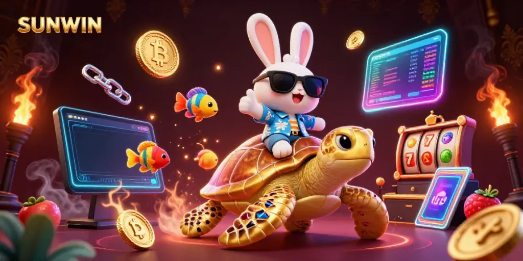Experience SUNWIN's colorful casino adventure with a lucky rabbit and golden turtle surrounded by vibrant game elements.