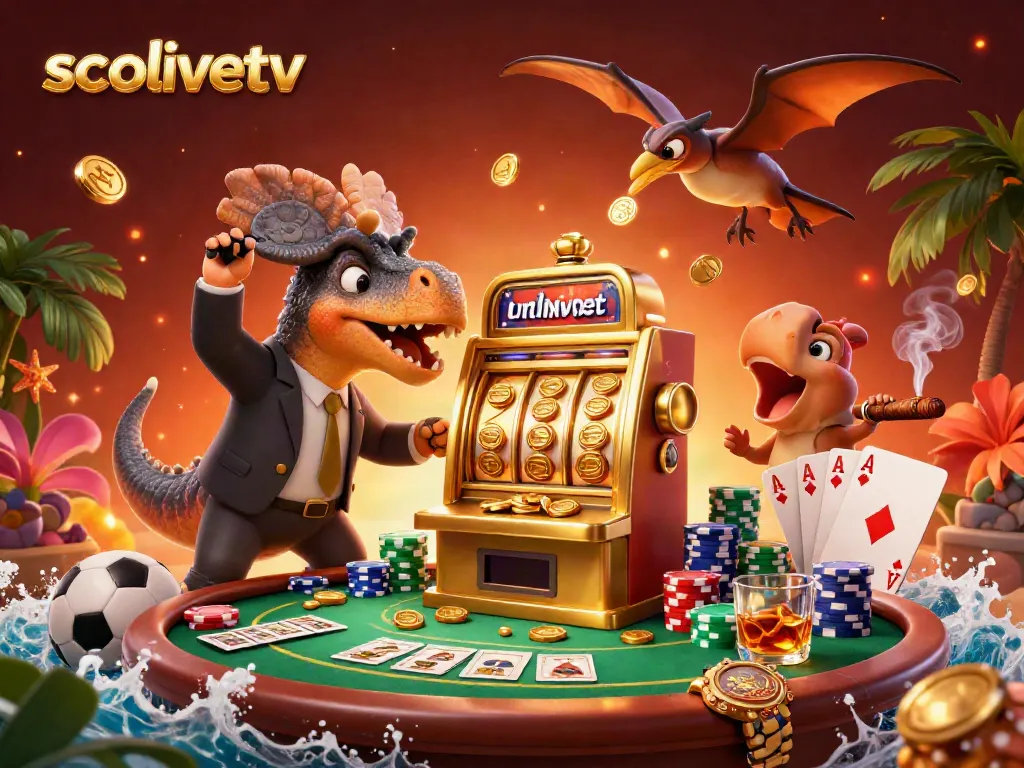 Witness the thrill at Socolivetv as a dinosaur wins big at a golden slot machine in a vibrant casino scene.