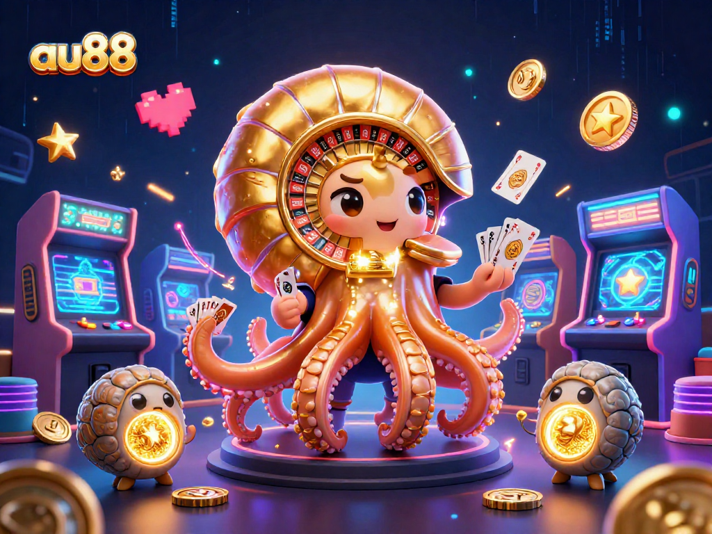 Experience the excitement of au88 with a vibrant 3D casino scene featuring a nautilus roulette wheel and glowing cards.