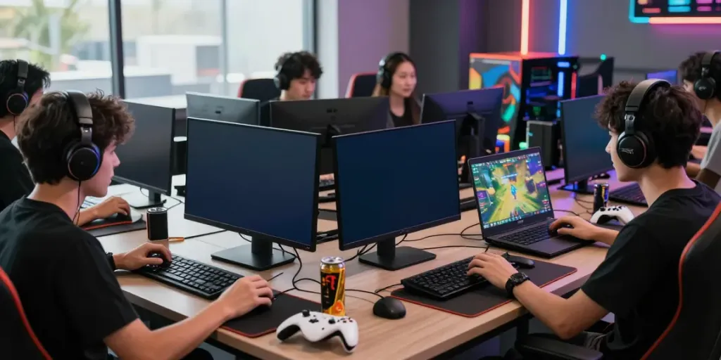 Engaged players experiencing dynamic gaming on https://sky88tg.com/ with vibrant screens and gaming accessories.