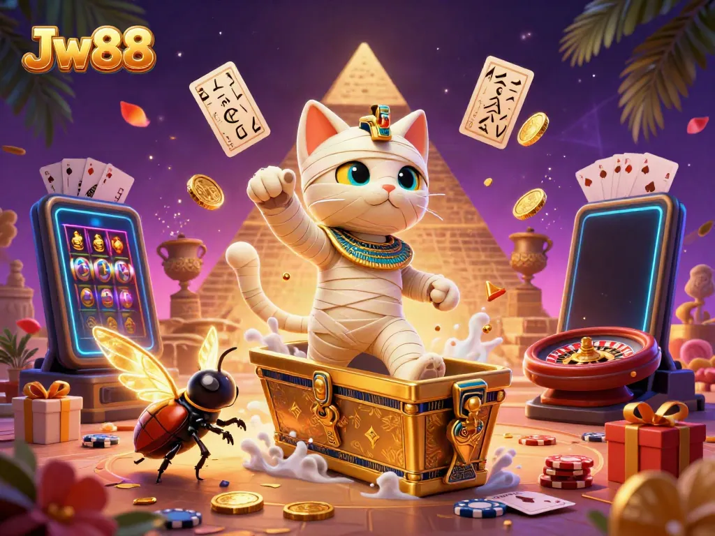 Experience the excitement of Jw88 with a vibrant pyramid casino scene featuring a mummy cat and gaming action.