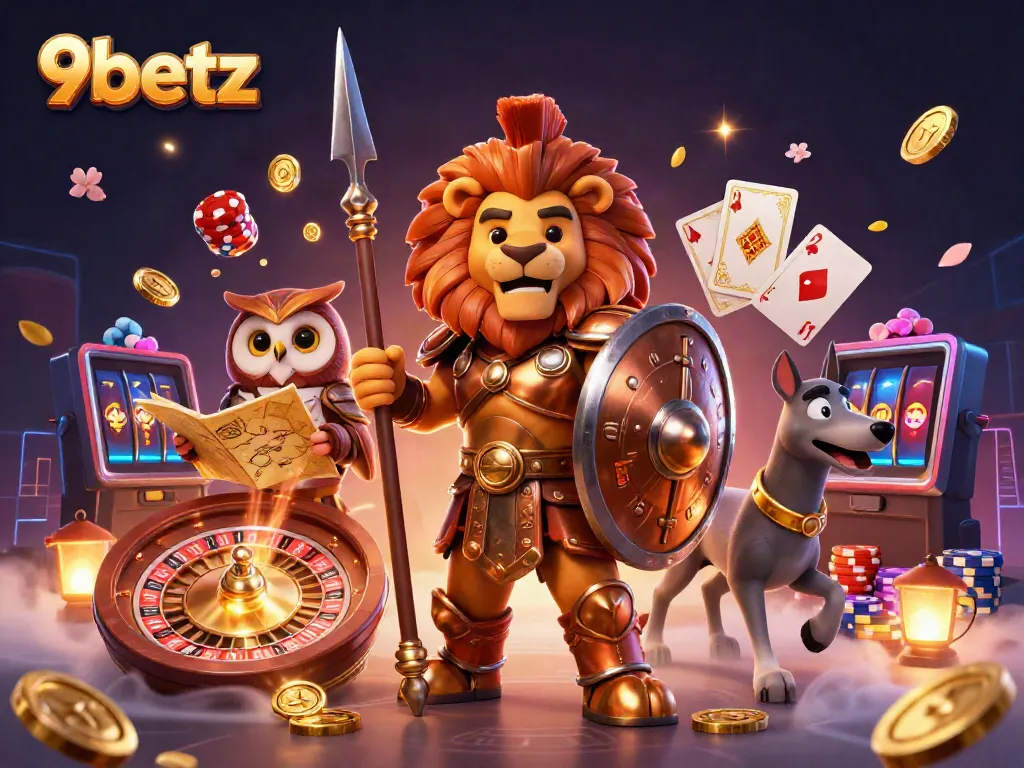 Engage in thrilling gameplay on 9betz with a dynamic scene of a Spartan lion, an owl strategist, and a greyhound messenger.