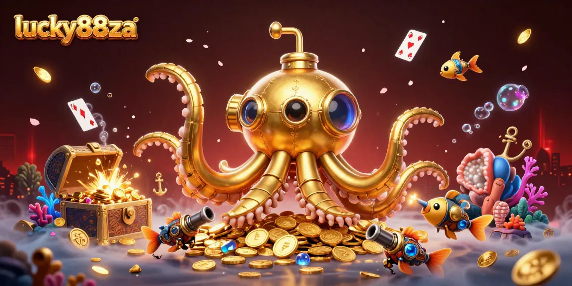 Experience the excitement of lucky88za with a golden kraken submarine and mechanical fish in a treasure-filled sea.
