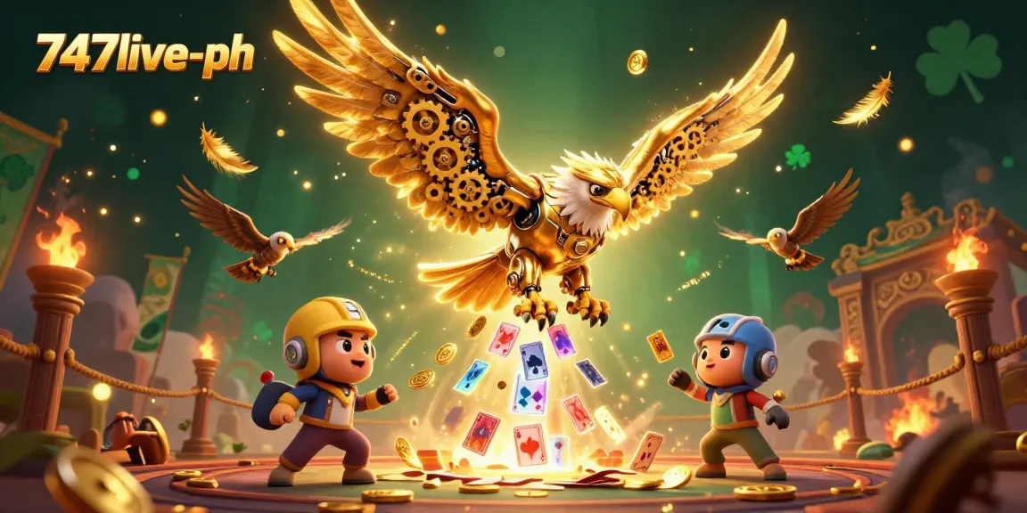 Engage in gaming action at 747live-ph with a dynamic 3D cartoon casino scene featuring an eagle and holographic cards.