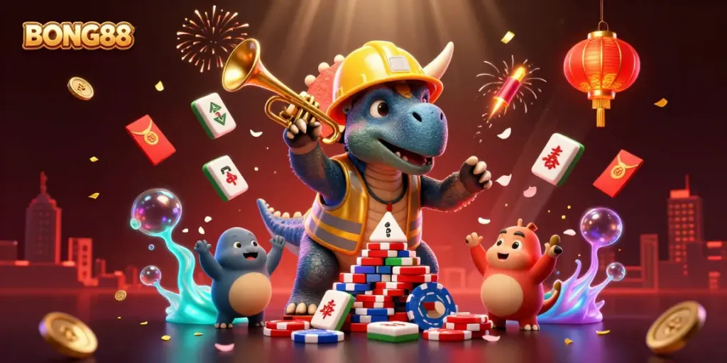 BONG88 celebrates with a 3D triceratops and friends building poker chips amid festive casino elements.