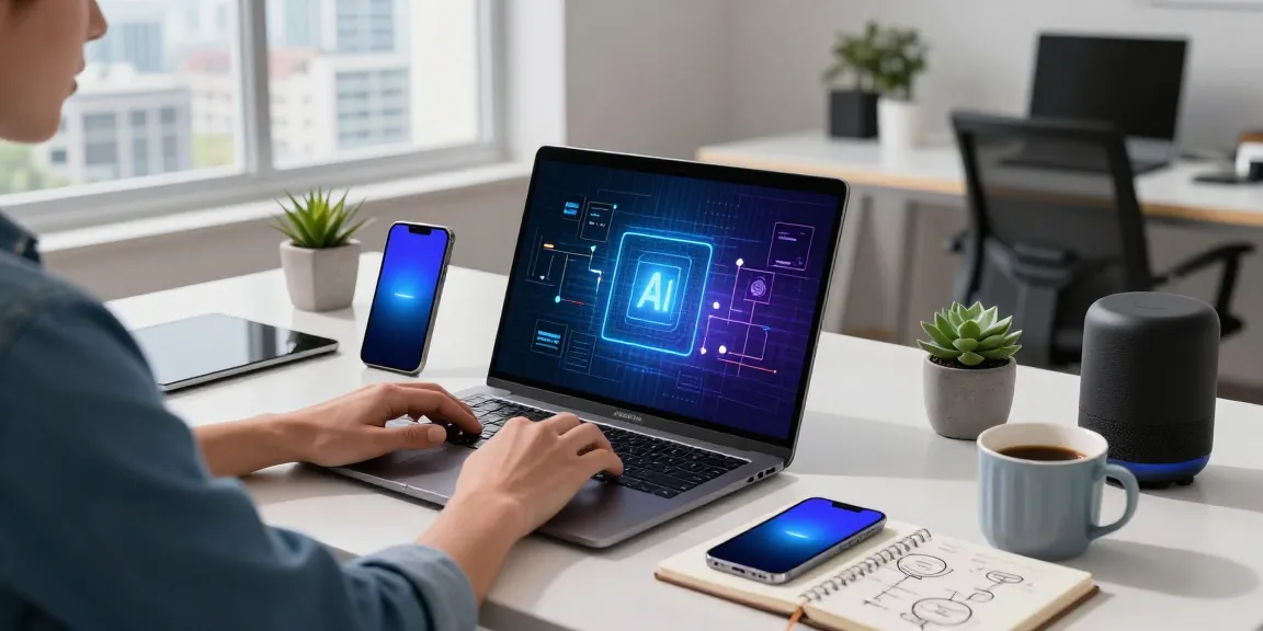 Person using an AI laptop in a modern workspace amid tech gadgets and a city view.