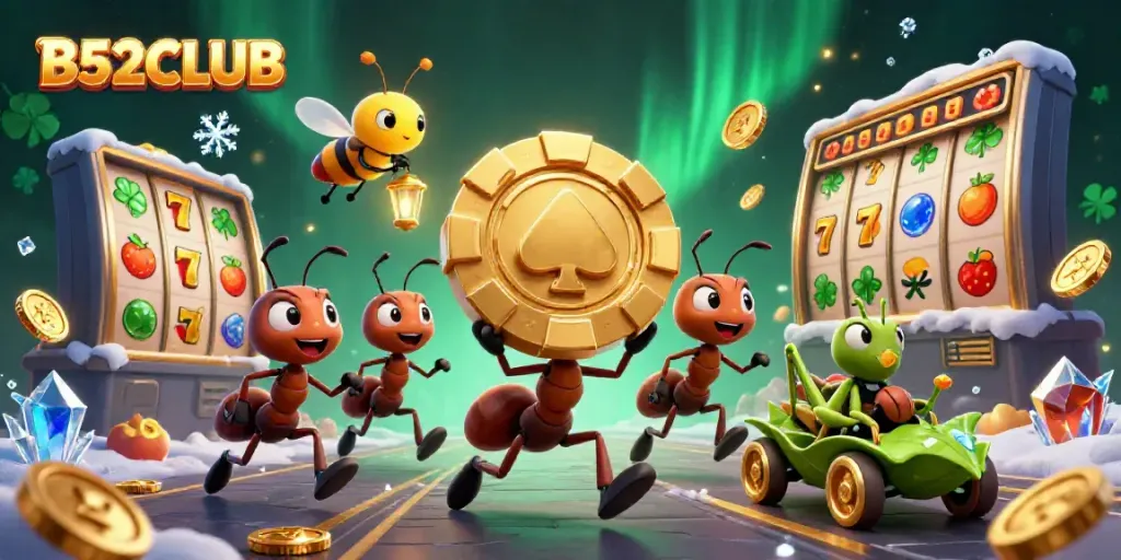 B52CLUB ants heist scene with a giant poker chip and dynamic casino elements in a vibrant, detailed setting.