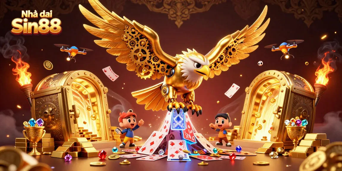 Experience exciting betting at Nhà cái Sin88 with a thrilling scene of action-packed casino elements, sports balls, and treasures.