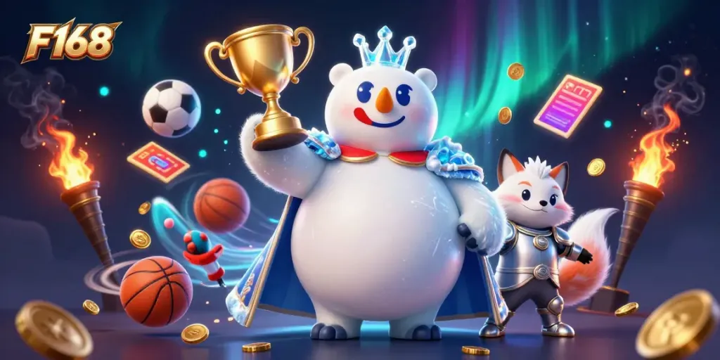 Experience exciting gaming at F168 with a captivating 3D illustration featuring the ice king and sports elements.