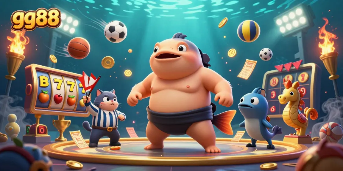 Experience exciting slots action with gg88 in this vibrant underwater casino illustration.