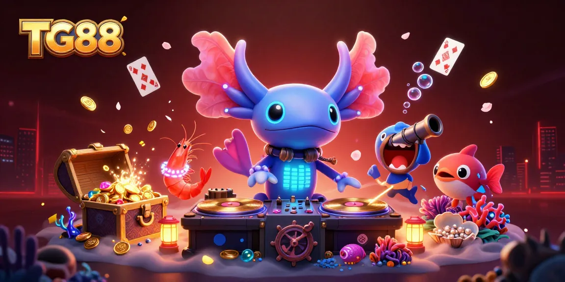 Experience the thrill of TG88 gaming with a vibrant underwater DJ scene featuring colorful characters and game elements.