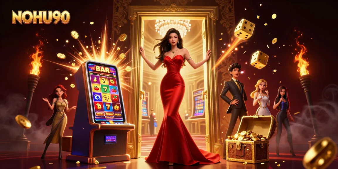 Experience the excitement of NOHU90 with a stunning casino scene bursting with jackpots and game elements.