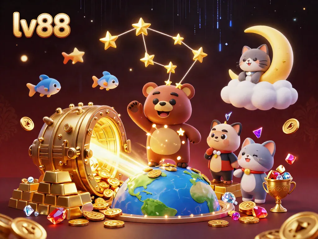 Experience exciting games at lv88 with an enchanting scene of a bear, gems, and treasure.