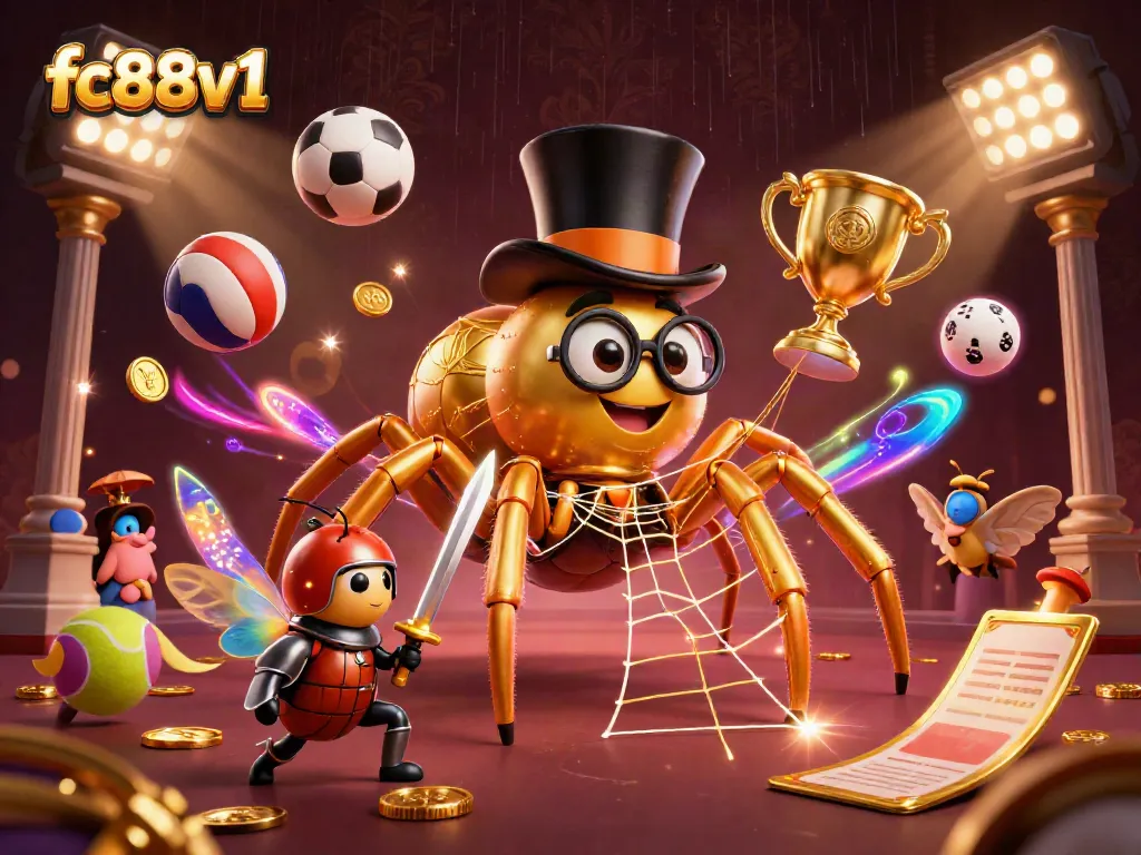 Experience winning with fc88v1, showcasing a vibrant casino world with a playful giant tarantula and beetle knight.