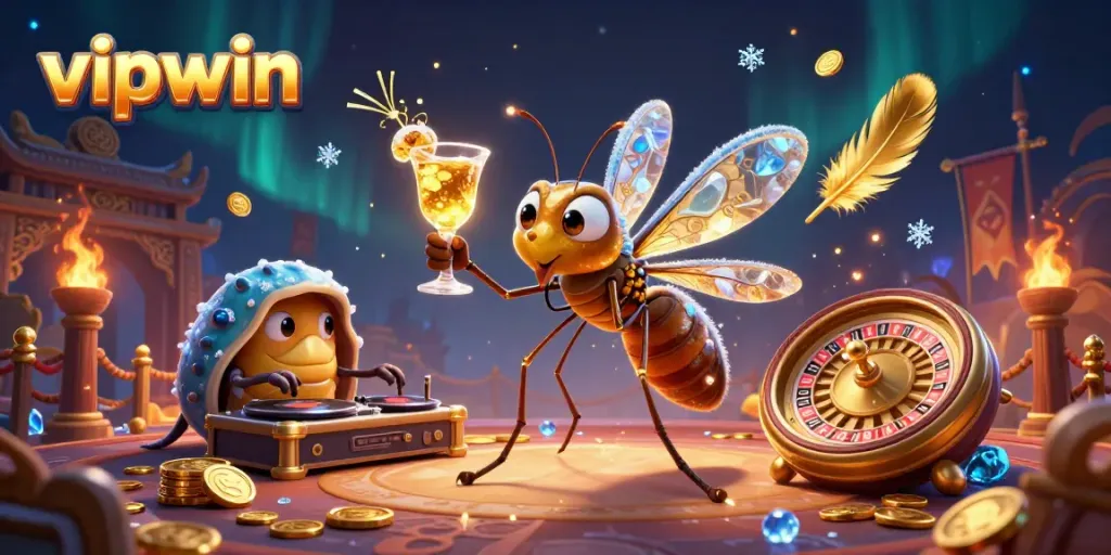 Experience excitement with vipwin as a frozen mosquito mascot, trilobite DJ, and golden roulette wheel in a vibrant casino setting.