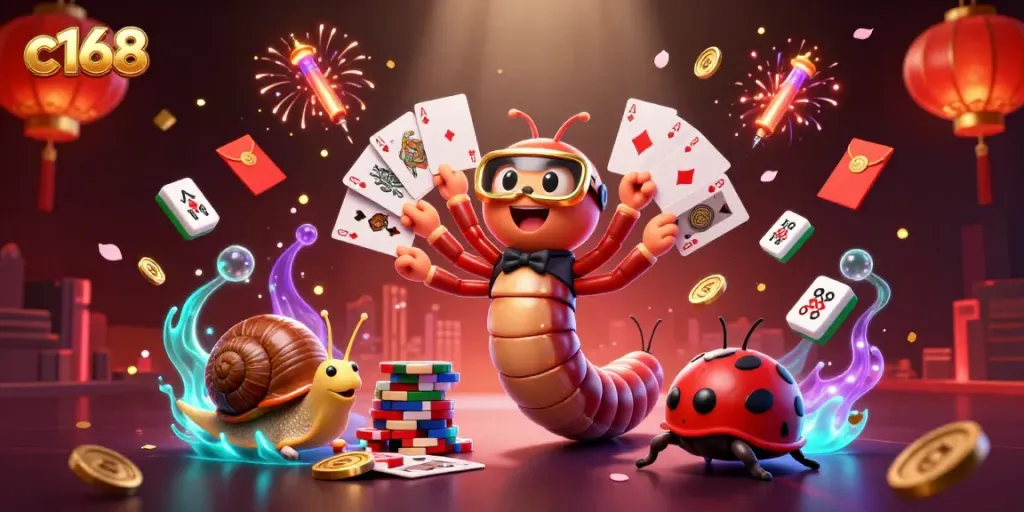 Immerse in the vibrant casino scene with c168, featuring a millipede dealer, high roller, and exciting game elements.