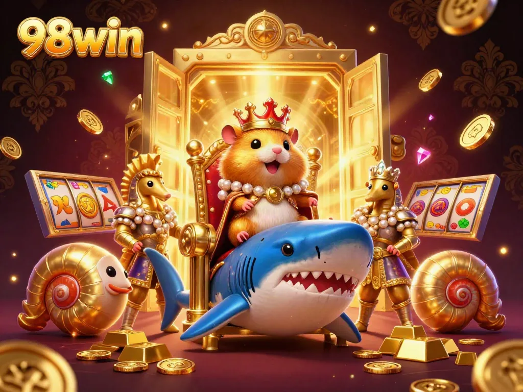 Engage in thrilling gameplay with the vibrant world of 98win, featuring majestic casino elements, gold treasures, and royal characters.
