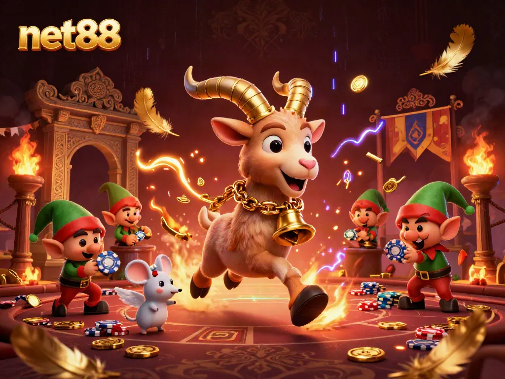 Join the excitement at net88 casino with Krampus and festive characters in a bustling gaming scene.
