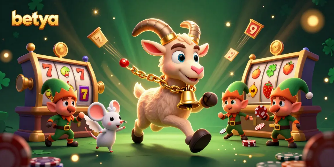 Betya presents an exciting casino scene with a Krampus goat and an angel mouse surrounded by slot game elements.
