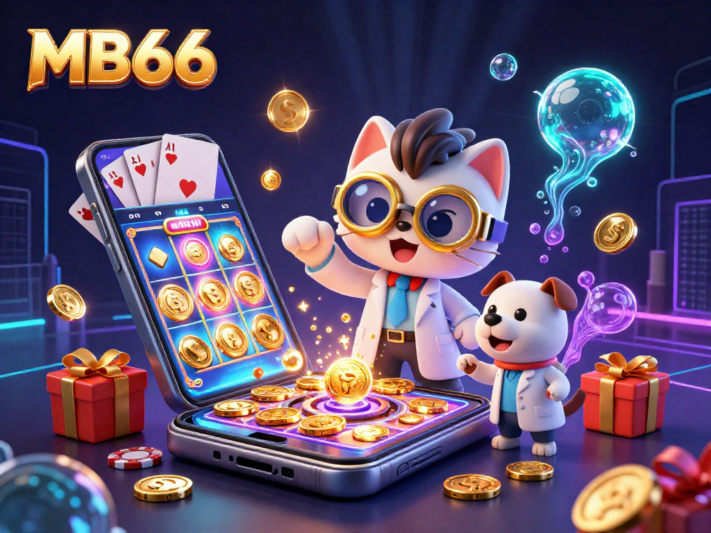 Experience the excitement of MB66 with a vibrant 3D illustration of a mad scientist cat and dog in a bustling casino lab.