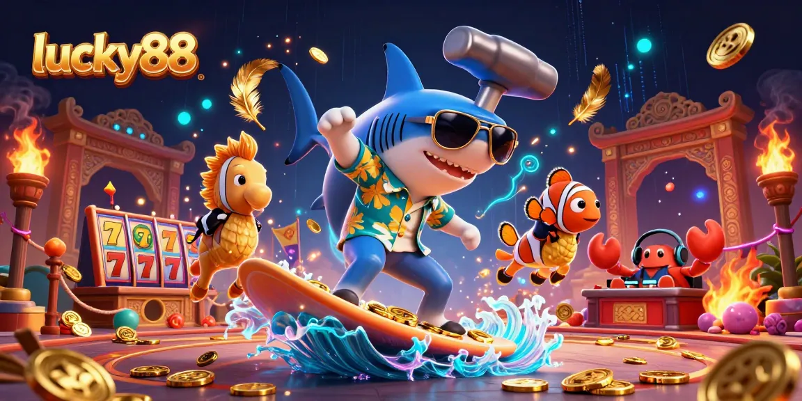 Experience thrilling gameplay with lucky88 as a shark surfs on gold coins in a vibrant 3D casino scene.