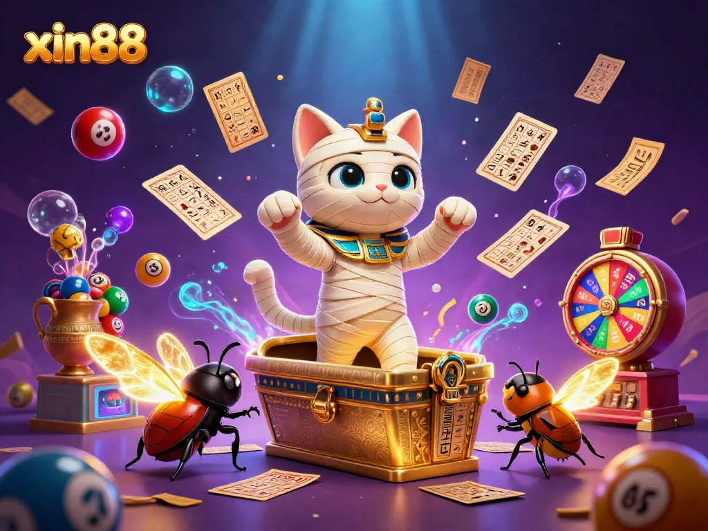 Experience excitement with xin88's mummy cat and vibrant lottery elements in a dynamic casino setting.