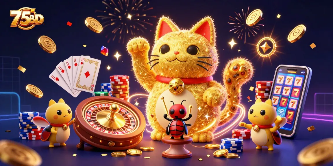 75BD showcases a captivating scene of golden fireflies forming a lucky cat surrounded by casino elements.