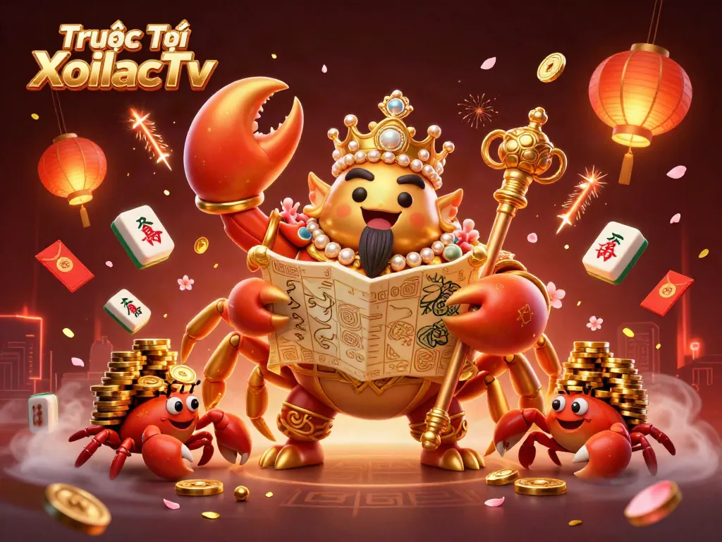 Experience Trực Tiếp XoilacTv with golden crab emperor and vibrant gaming elements in a lively casino scene.