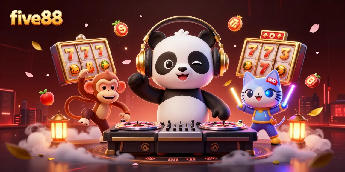 Experience five88's thrilling games through a vibrant, animated scene with panda DJ and colorful casino elements.