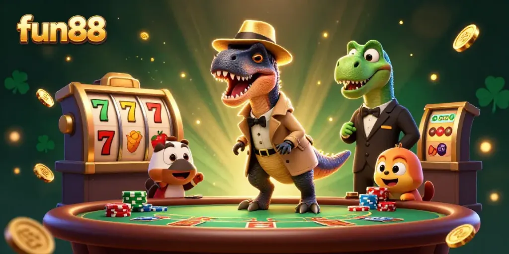 Experience fun88 with a clever velociraptor card counter at a blackjack table surrounded by casino excitement.