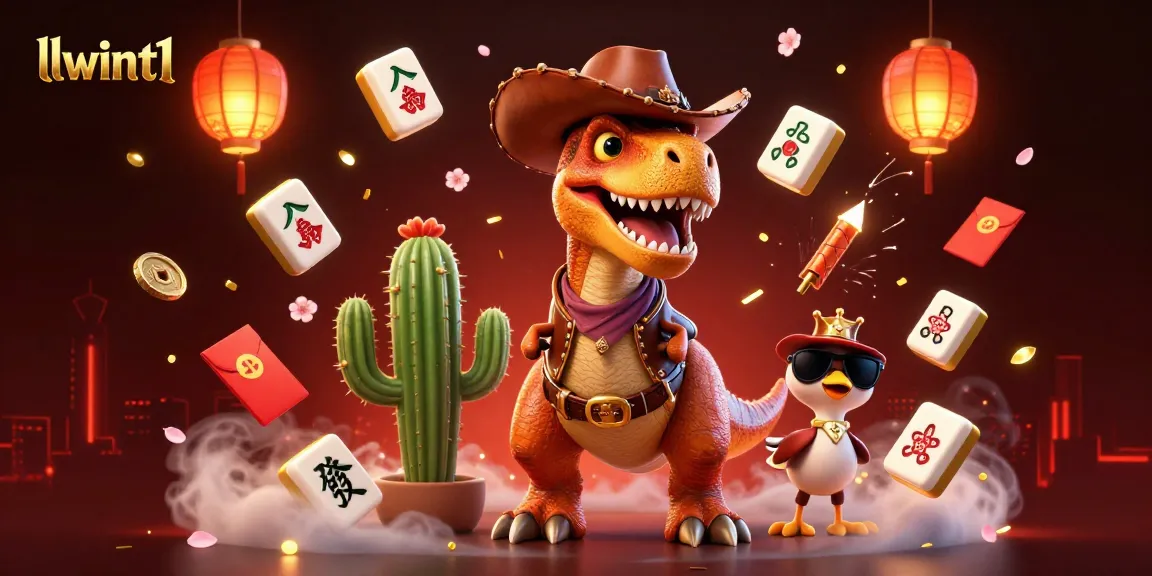 Engage in vibrant gambling action with llwint1 featuring a cowboy dinosaur amidst festive casino elements