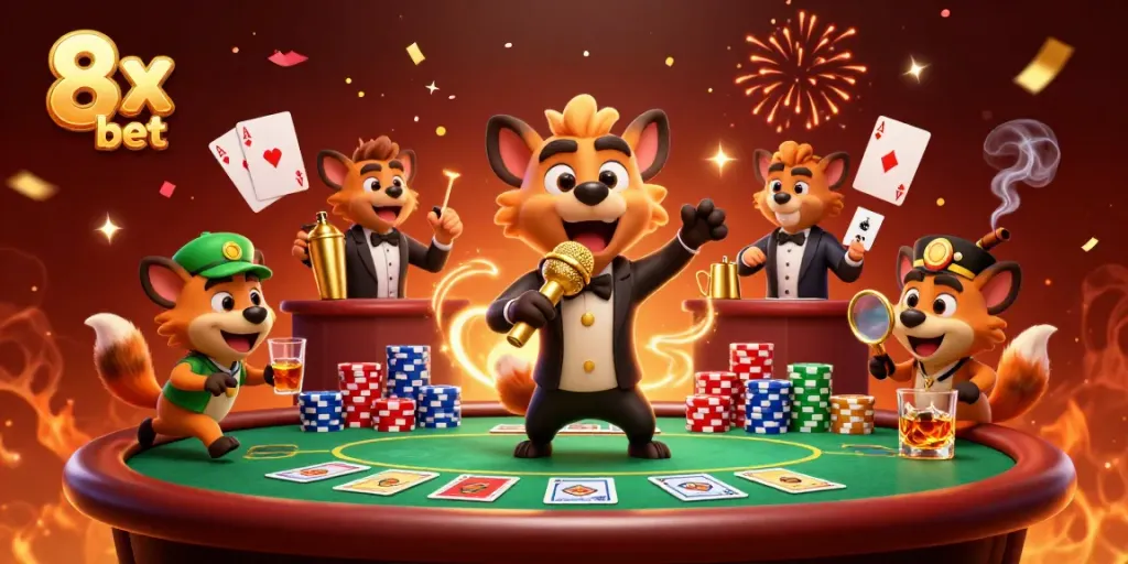 Hyenas entertain guests in the colorful 8x bet casino with drinks, poker, and confetti.