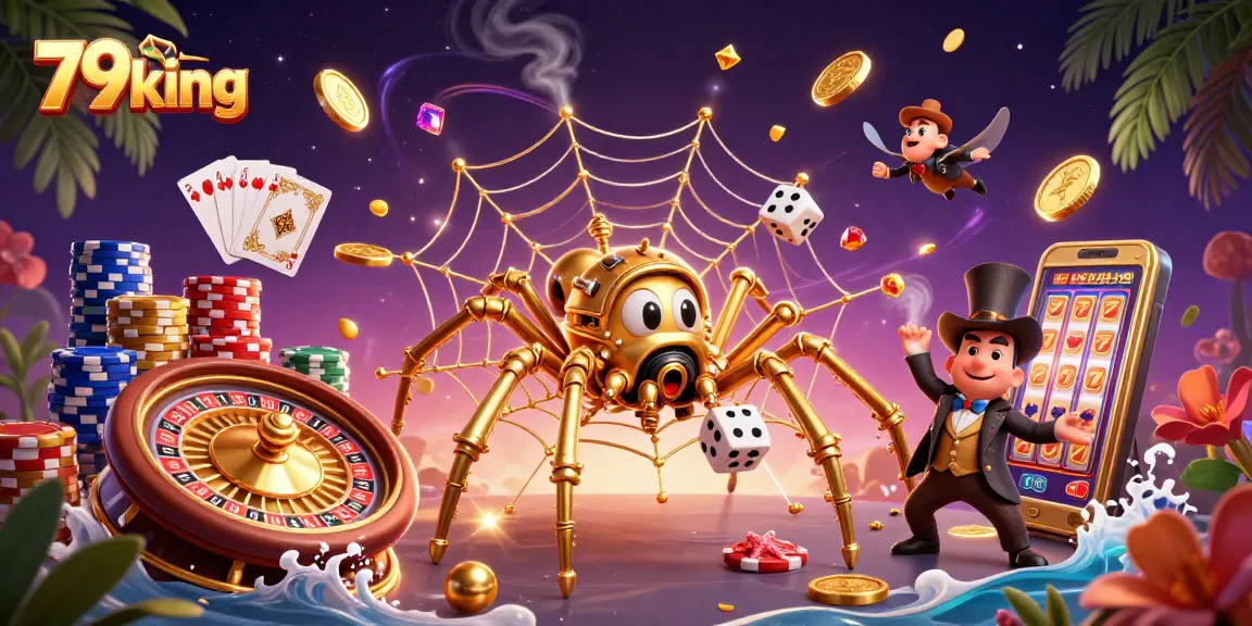 Engage with the vibrant world of 79king, featuring a steampunk spider and a whimsical fly in a casino setting.