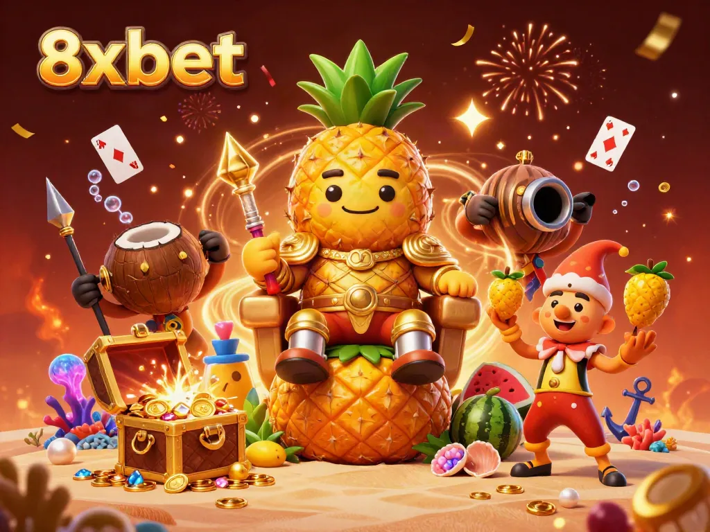 Engage in vibrant casino action at 8xbet with games and treasures from a beach-themed illustration.