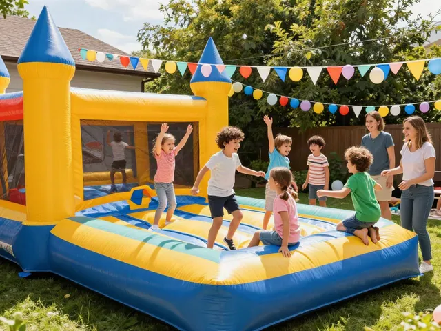 Children enjoying a lively bounce castle party with vibrant colors and joyful laughter.