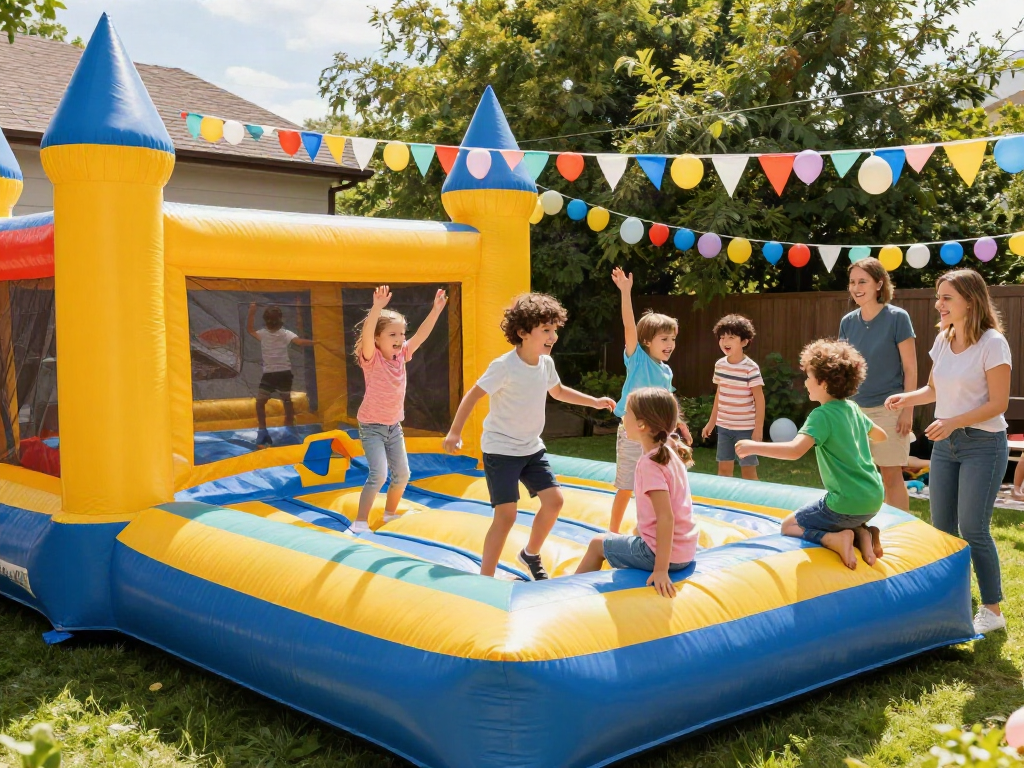 Children enjoying a lively bounce castle party with vibrant colors and joyful laughter.