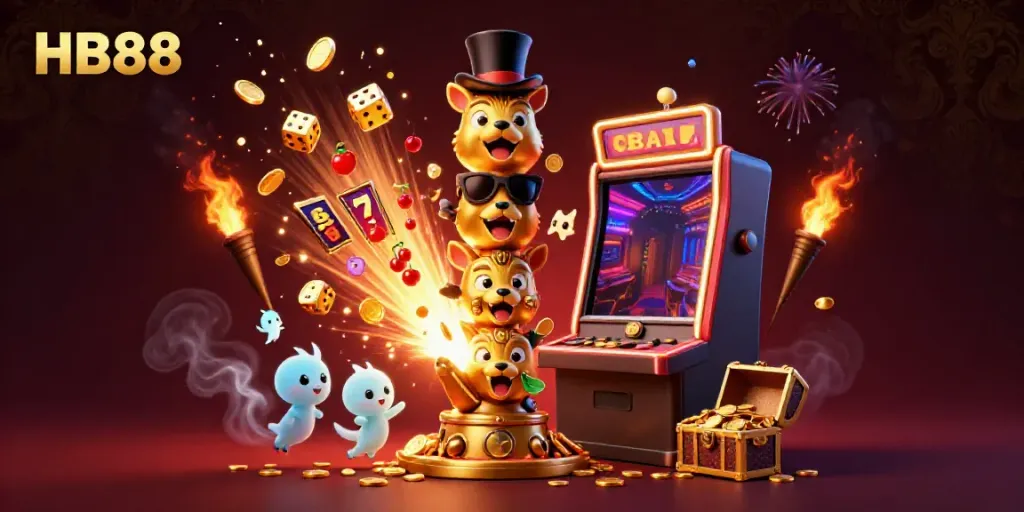 Join the excitement at HB88 with a colorful totem and slot machine bursting with coins.