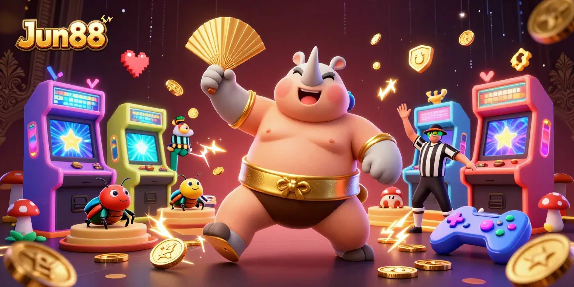 Experience thrilling gameplay at Jun88 as a rhinoceros beetle champion stomps coins amidst vibrant arcade elements.