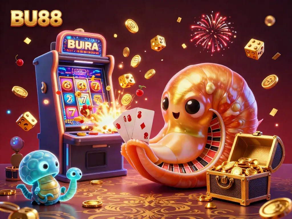 Experience thrilling moments at BU88 with a dazzling 3D casino scene full of vibrant slot machines and a giant nautilus roulette wheel.