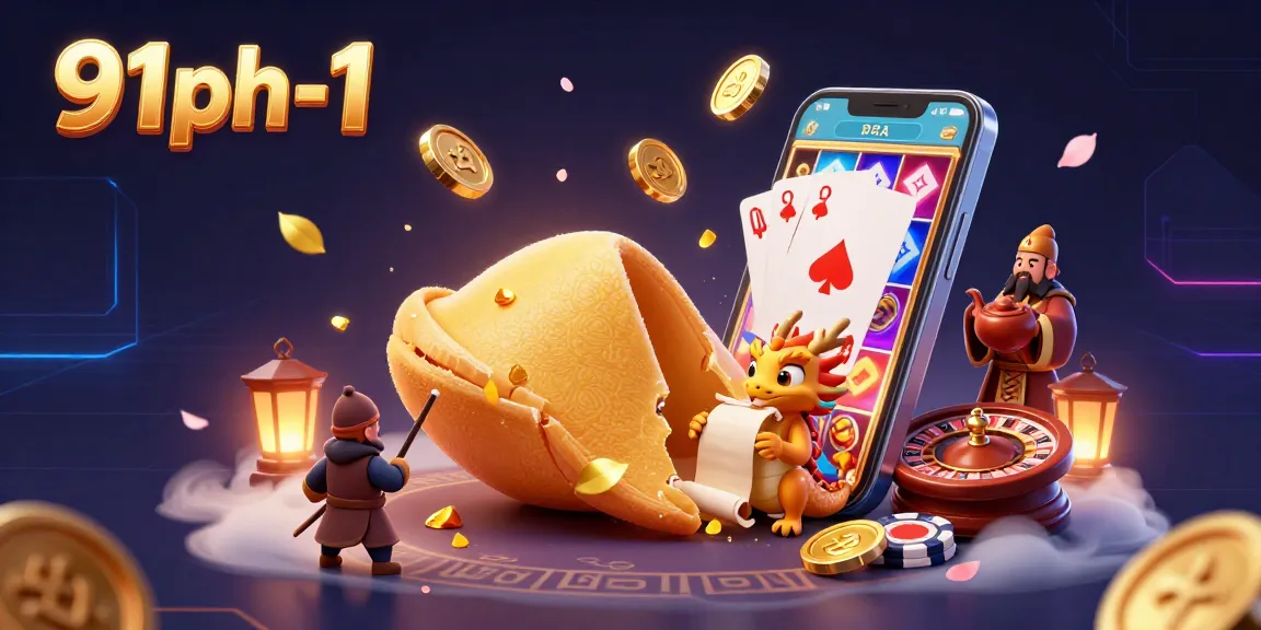 The lively scene of 91ph-1 showcases a vibrant online casino with a golden fortune cookie, playing cards, and a spinning slot game.