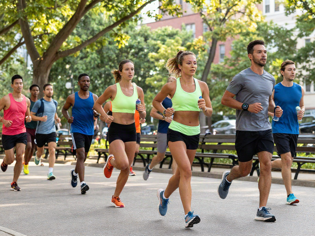 Streek fitness event featuring diverse runners in vibrant gear enjoying a sunny urban park environment.