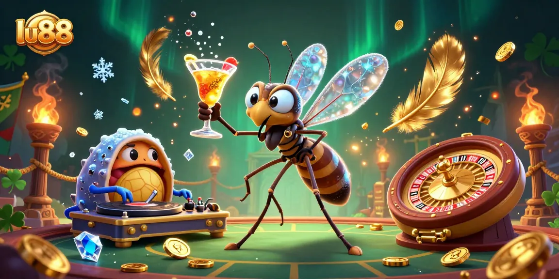 Bet on exciting games with lu88, featuring a lively frozen mosquito casino mascot amidst vibrant gambling elements.