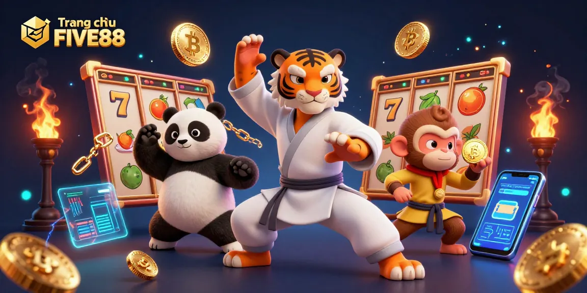 Experience the excitement of Trang chủ FIVE88 with vibrant slots and animated characters in a dynamic casino scene.
