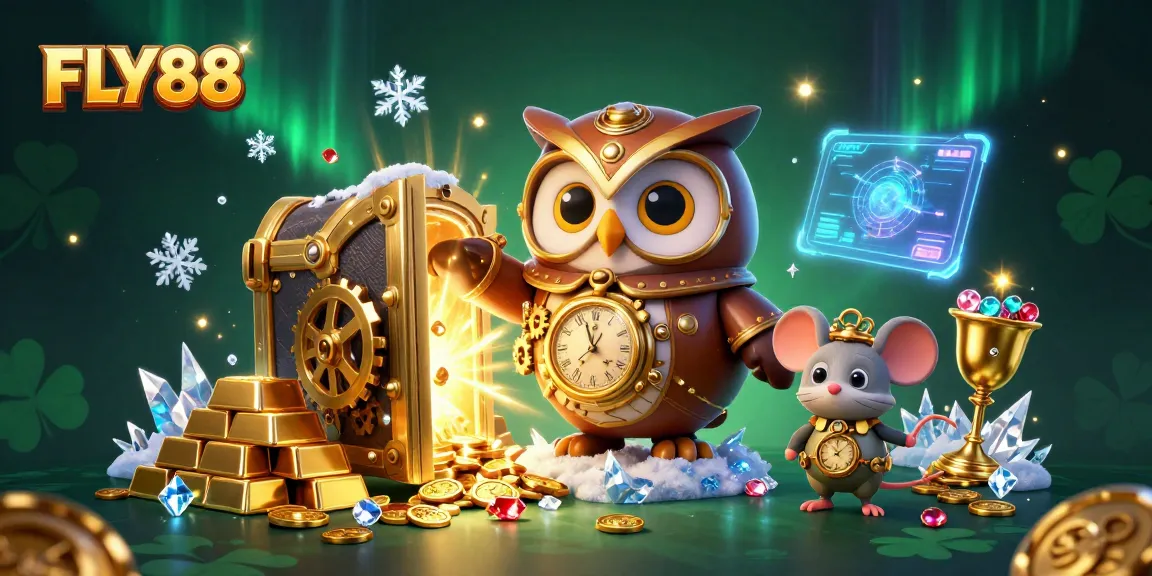 Immerse in FLY88's dynamic gaming world with a steampunk owl and golden treasures.